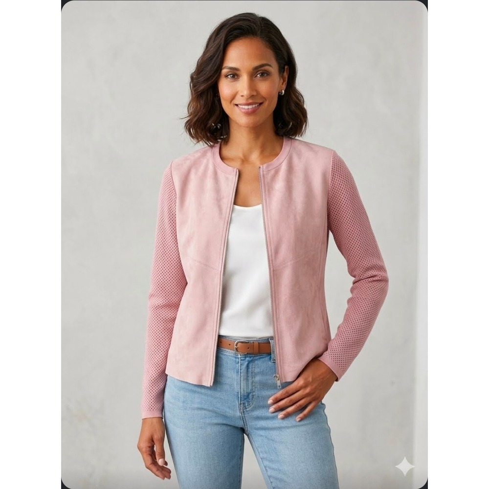 La Vila Milano Blush Pink Faux Suede Knit Zip Jacket Size M oldmoney classic